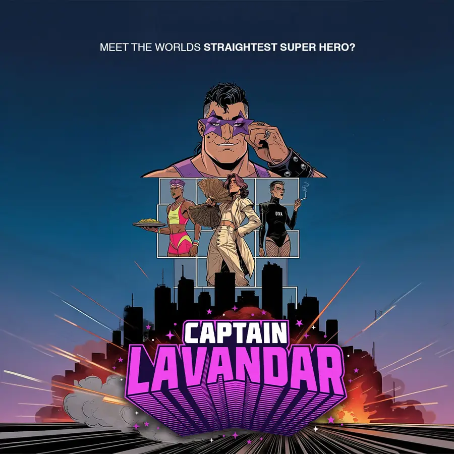 Key art: Captain Lavandar above a panel of the supporting cast, over an exploding city skyline.